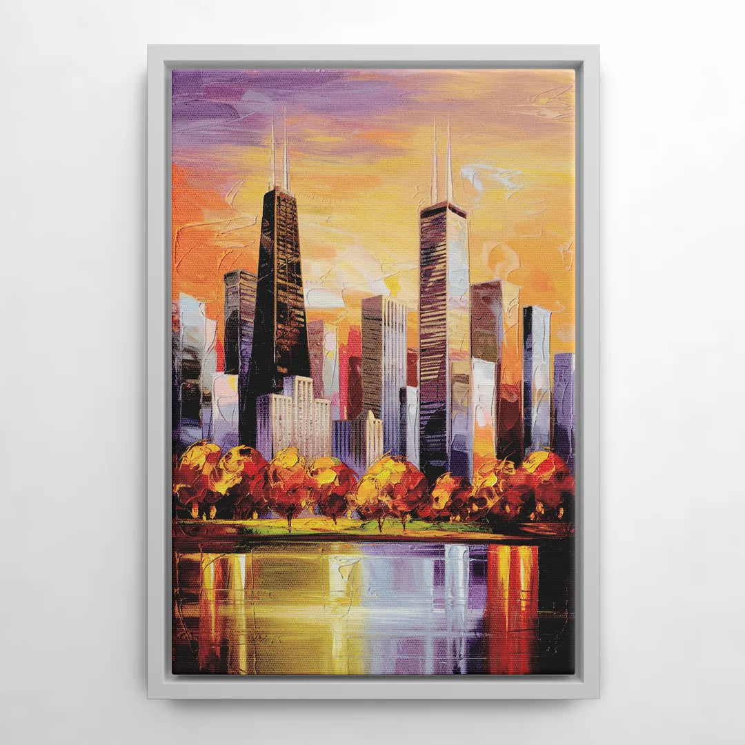 Chicago Skyline in Autumn - White Frame Canvas