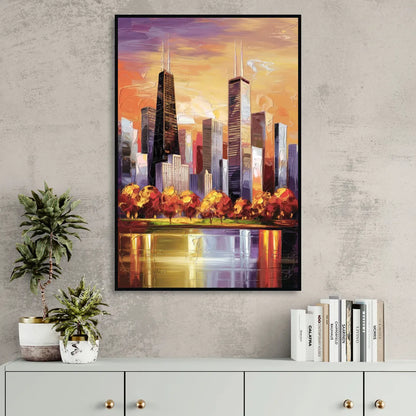 Chicago Skyline in Autumn Sitting Room - Black Canvas Wall Art