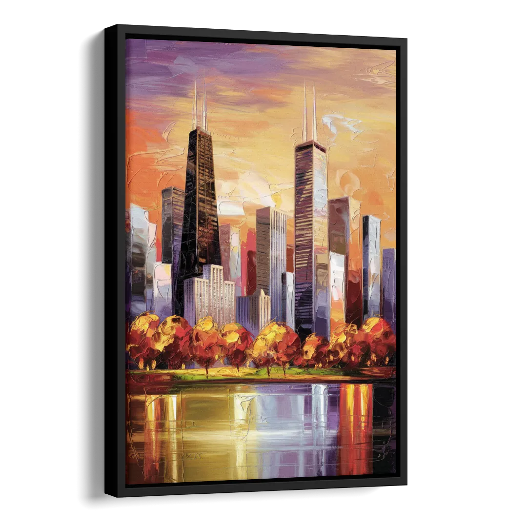 Chicago Skyline in Autumn Side - Black Canvas Wall Art