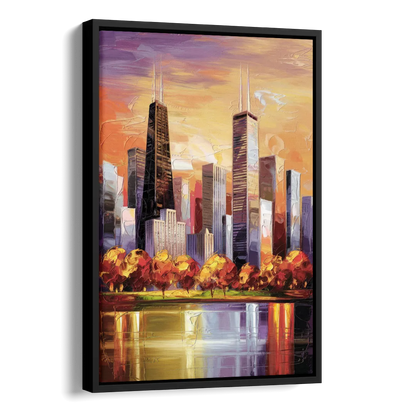 Chicago Skyline in Autumn Side - Black Canvas Wall Art
