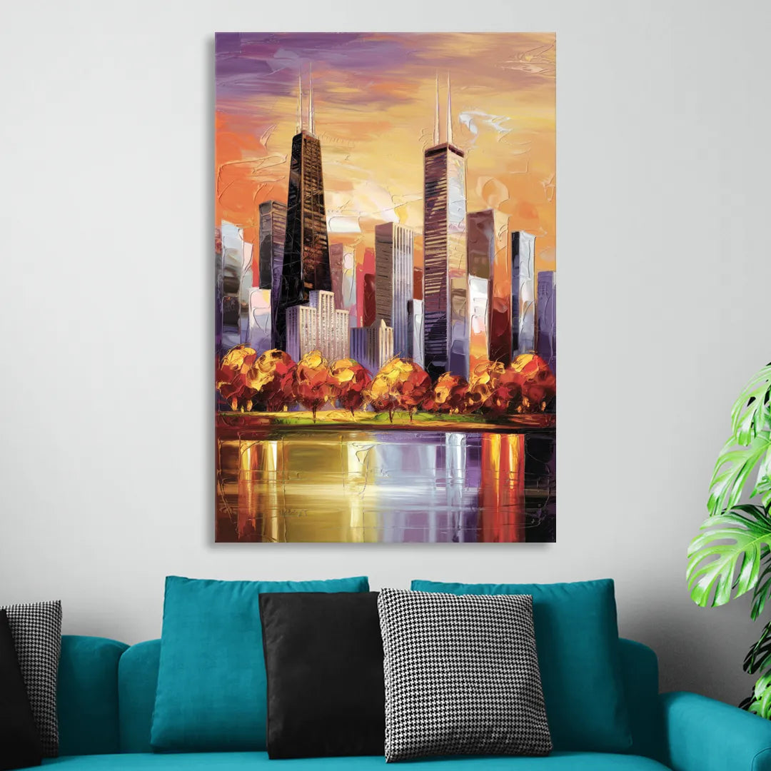 Chicago Skyline in Autumn Sitting Room - Canvas Wall Art