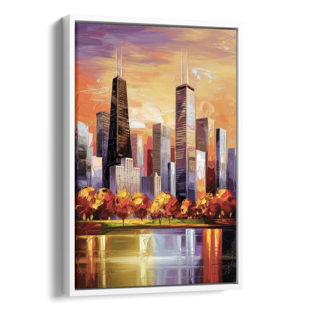 Chicago Skyline in Autumn Side - White Canvas Wall Art