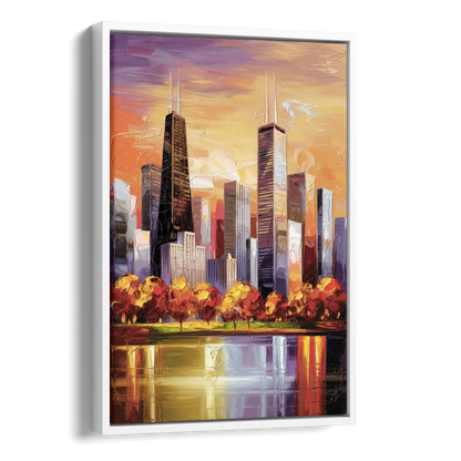 Chicago Skyline in Autumn Side - White Canvas Wall Art