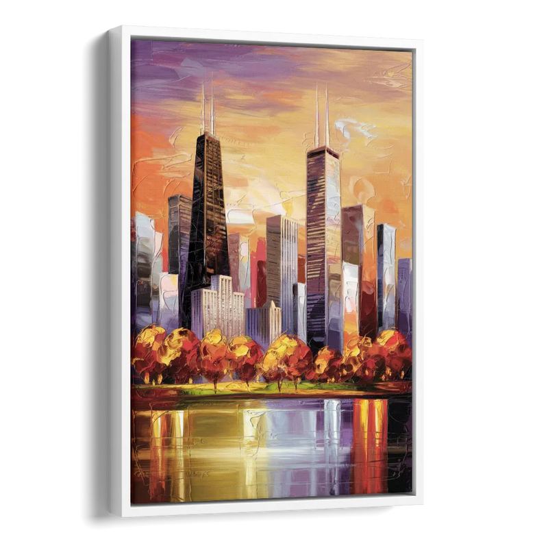 Chicago Skyline in Autumn Side - White Canvas Wall Art