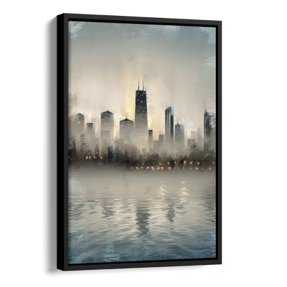 Chicago Skyline in Fog Side - Black Canvas Wall Art