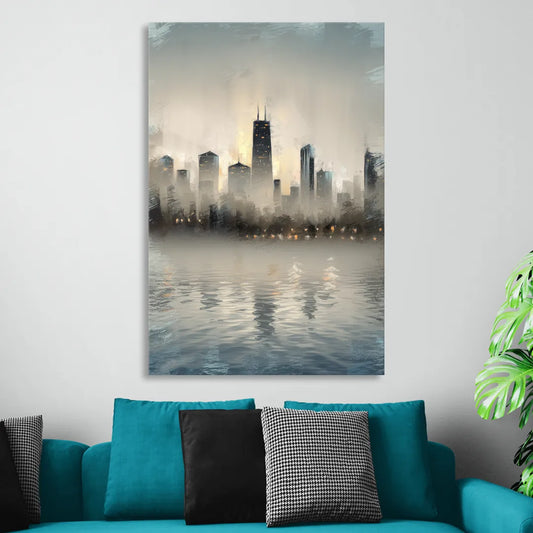 Chicago Skyline in Fog Living Room - Canvas Wall Art