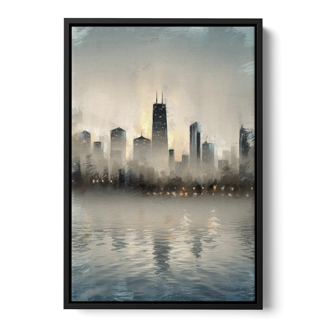Chicago Skyline in Fog Front - Black Canvas Wall Art