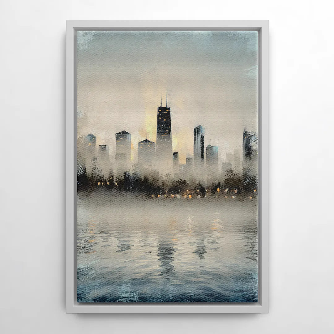 Chicago Skyline in Fog - White Frame Canvas