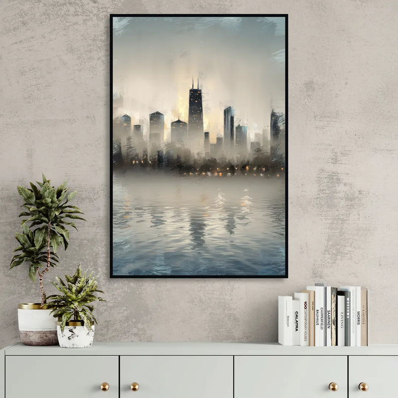 Chicago Skyline in Fog Living Room - Black Canvas Wall Art
