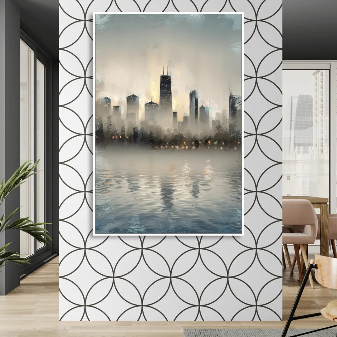 Chicago Skyline in Fog Sitting Room - White Canvas Wall Art