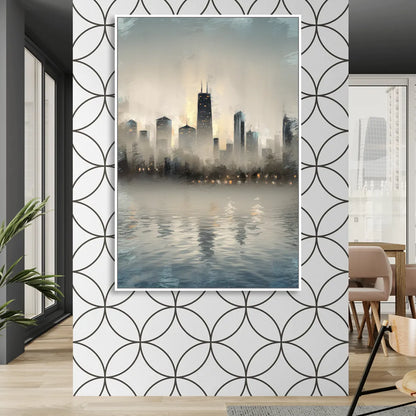 Chicago Skyline in Fog Sitting Room - White Canvas Wall Art