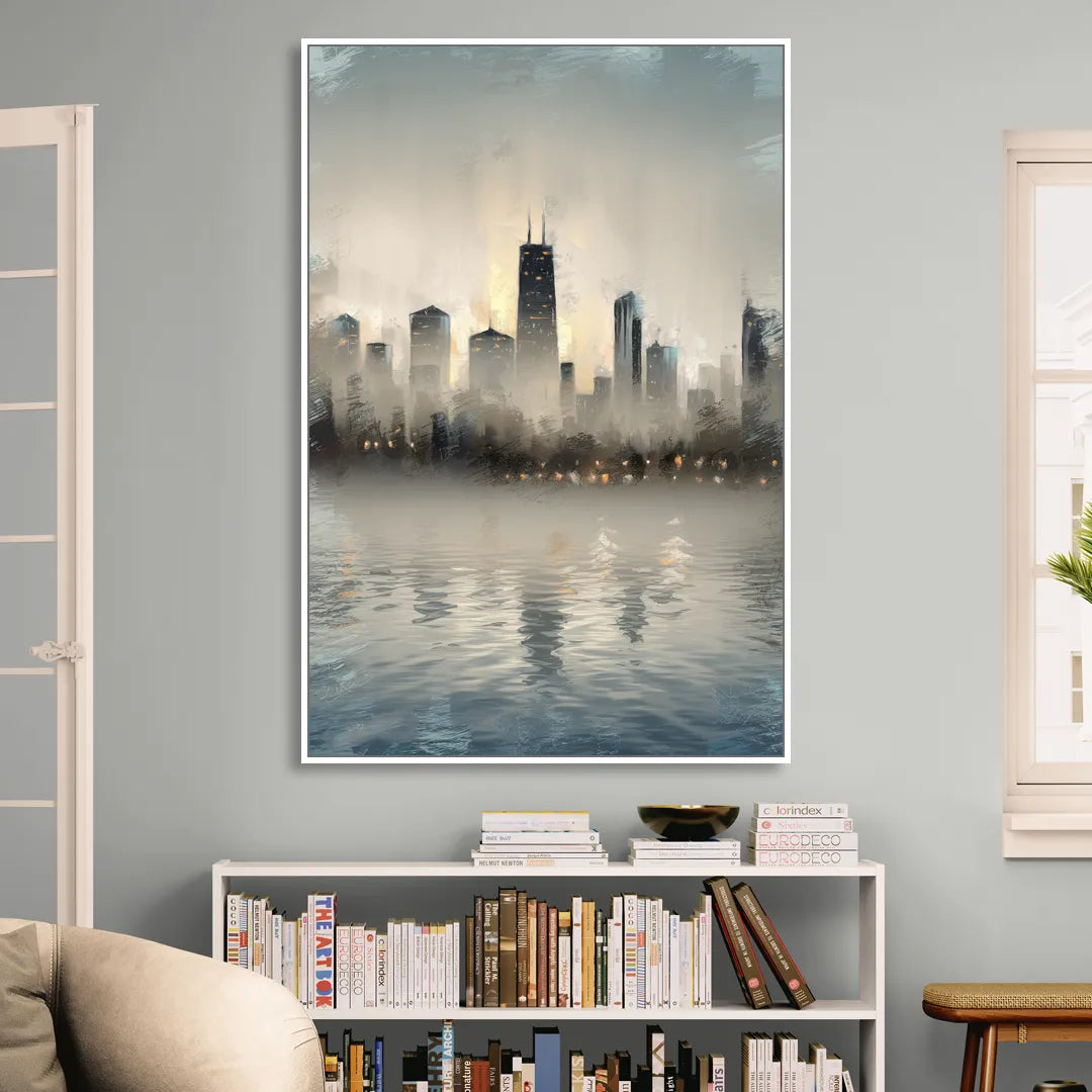 Chicago Skyline in Fog Living Room - White Canvas Wall Art