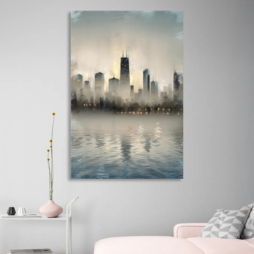 Chicago Skyline in Fog Sitting Room - Canvas Wall Art