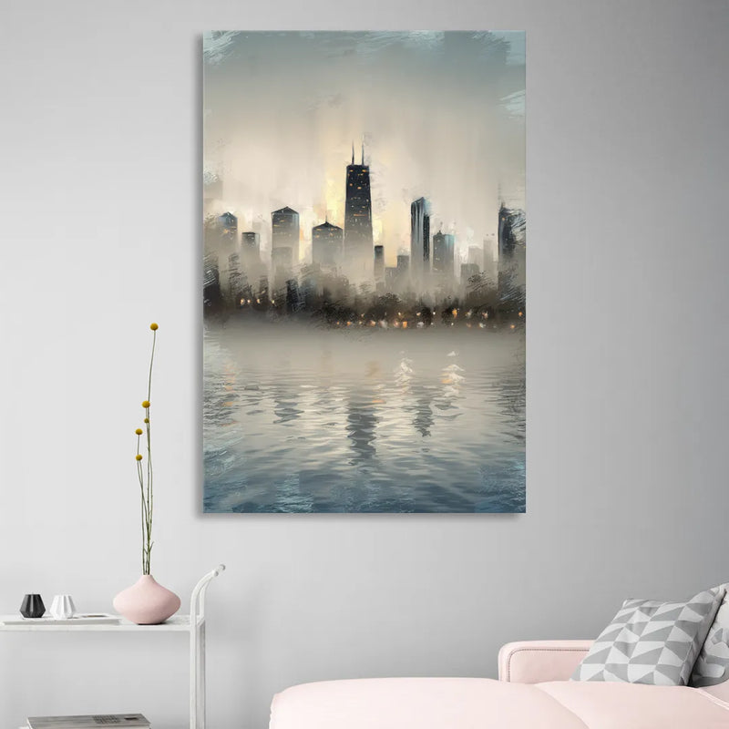 Chicago Skyline in Fog Sitting Room - Canvas Wall Art