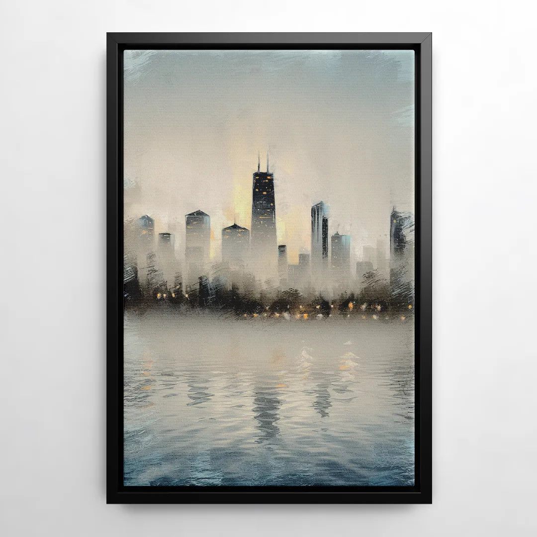 Chicago Skyline in Fog - Black Frame Canvas