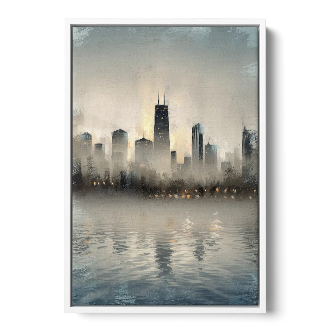 Chicago Skyline in Fog Front - White Canvas Wall Art