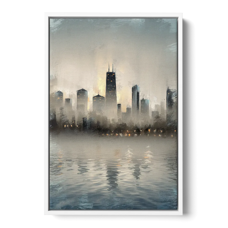 Chicago Skyline in Fog Front - White Canvas Wall Art