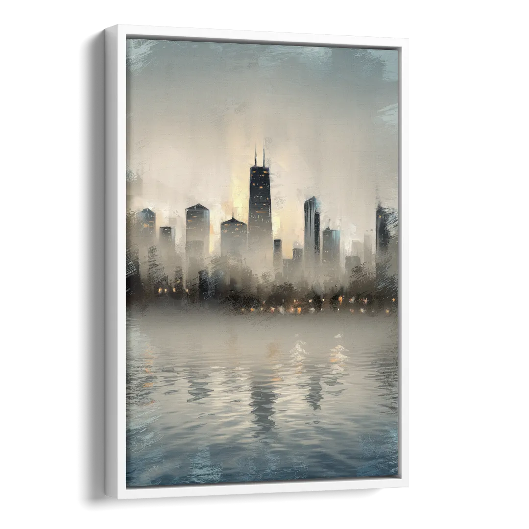 Chicago Skyline in Fog Side - White Canvas Wall Art