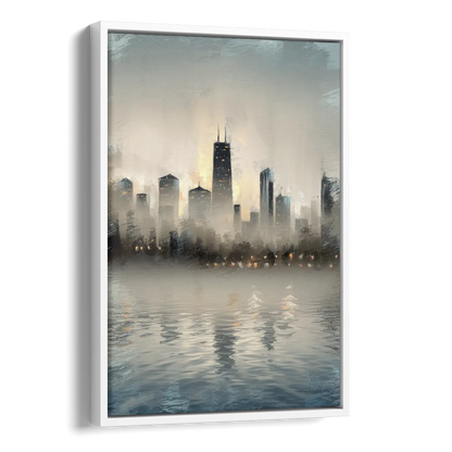Chicago Skyline in Fog Side - White Canvas Wall Art