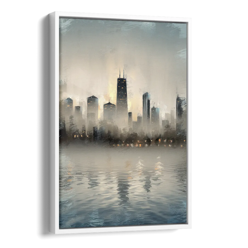 Chicago Skyline in Fog Side - White Canvas Wall Art