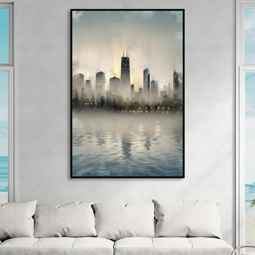 Chicago Skyline in Fog Sitting Room - Black Canvas Wall Art