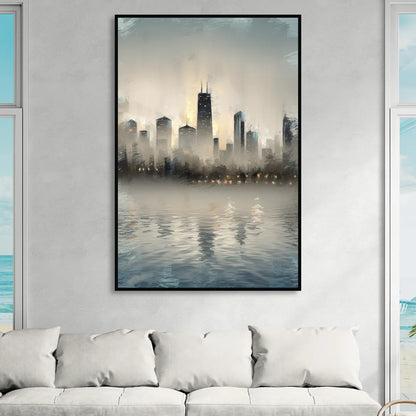 Chicago Skyline in Fog Sitting Room - Black Canvas Wall Art
