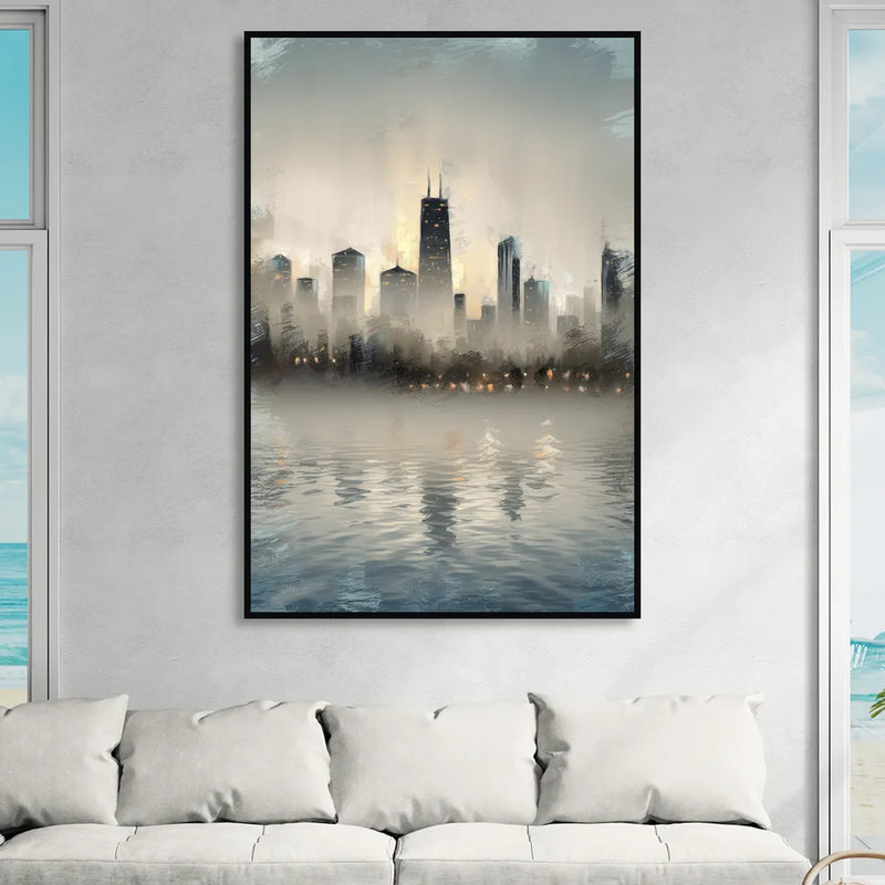Chicago Skyline in Fog Sitting Room - Black Canvas Wall Art