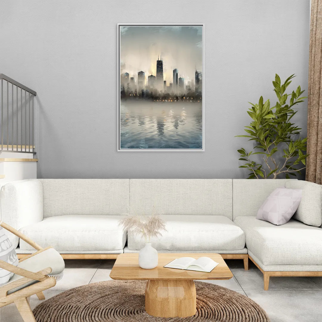 Chicago Skyline in Fog - Living Room White Frame Canvas