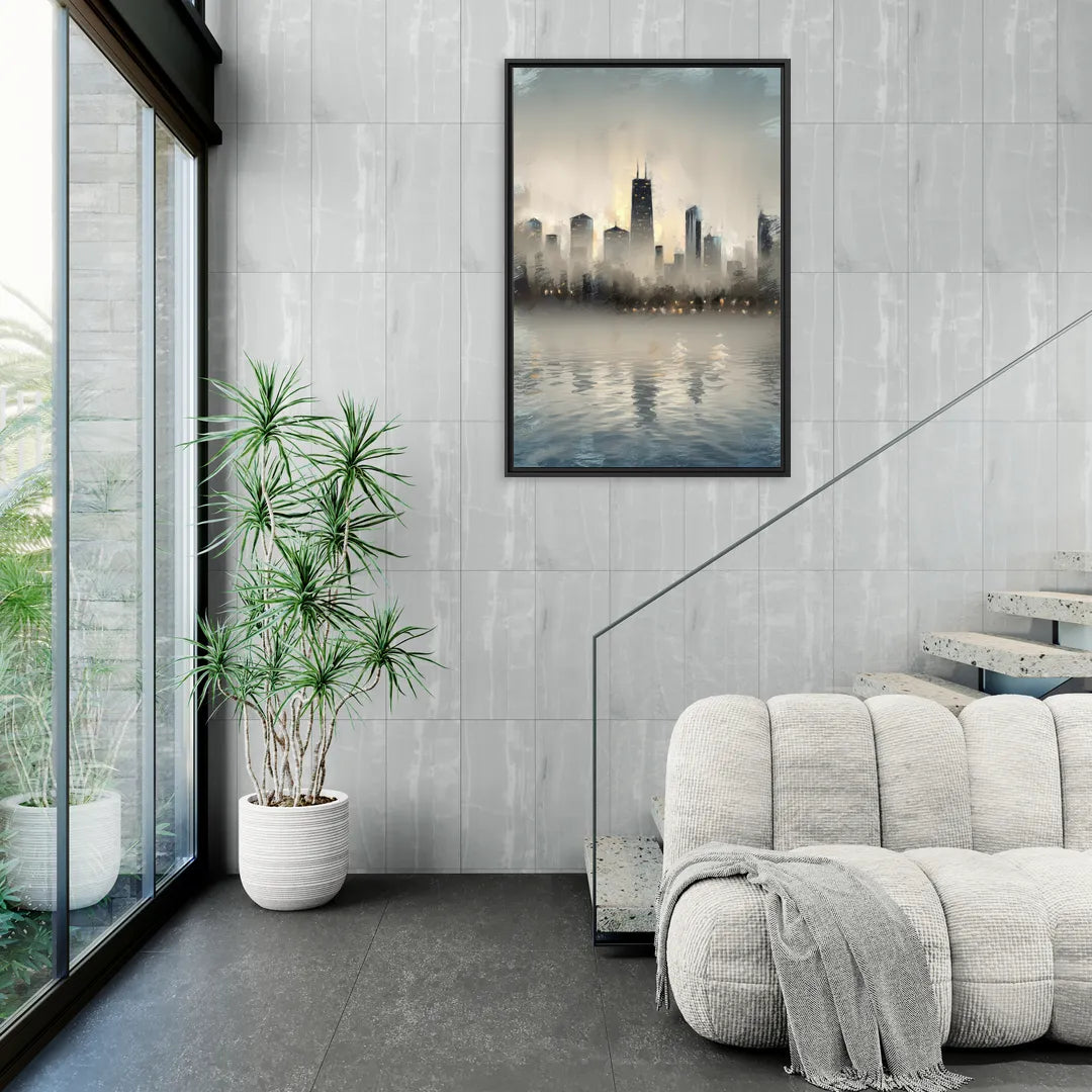 Chicago Skyline in Fog - Living Room Black Frame Canvas