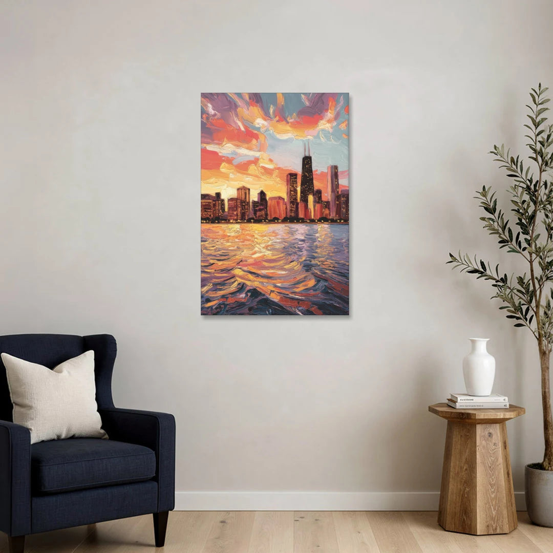 Chicago Sunset Over the Lake - Canvas Wall Art - Sofa - 24x36