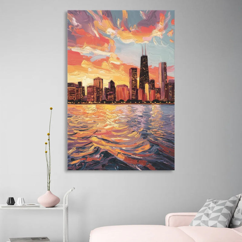 Chicago Sunset Over the Lake Living Room - Canvas Wall Art