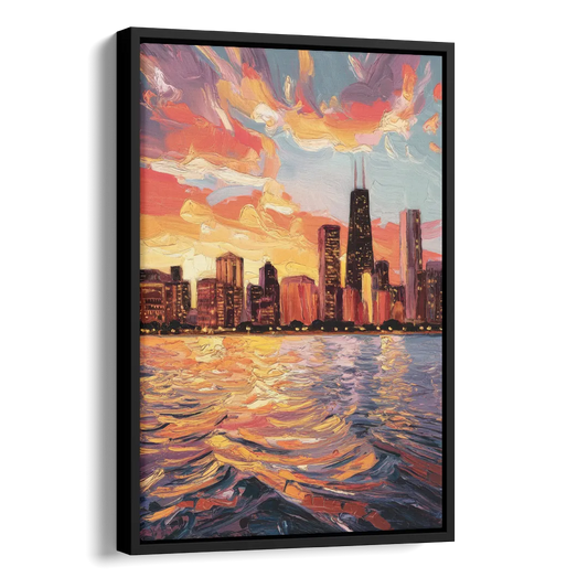 Chicago Sunset Over the Lake Side - Black Canvas Wall Art