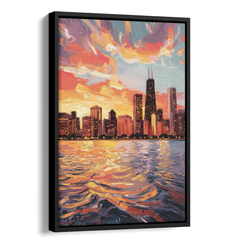 Chicago Sunset Over the Lake Side - Black Canvas Wall Art