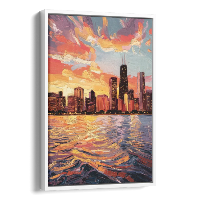Chicago Sunset Over the Lake Side - White Canvas Wall Art