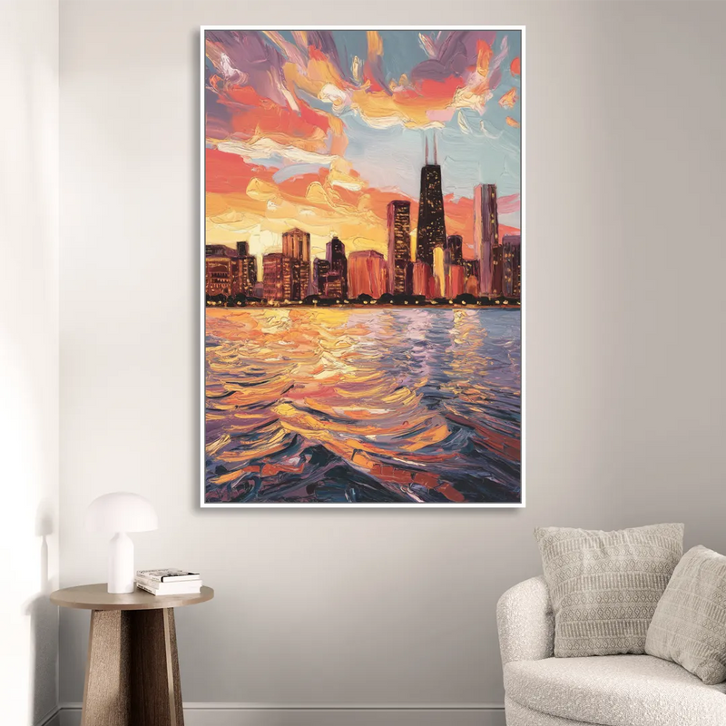 Chicago Sunset Over the Lake Sitting Room - White Canvas Wall Art