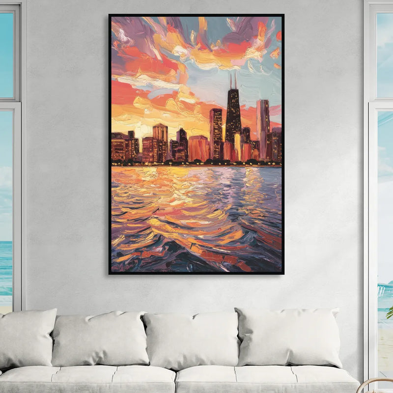 Chicago Sunset Over the Lake Living Room - Black Canvas Wall Art