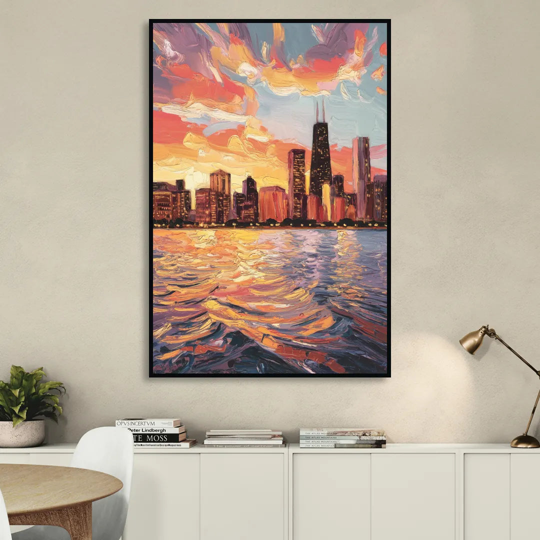 Chicago Sunset Over the Lake Sitting Room - Black Canvas Wall Art