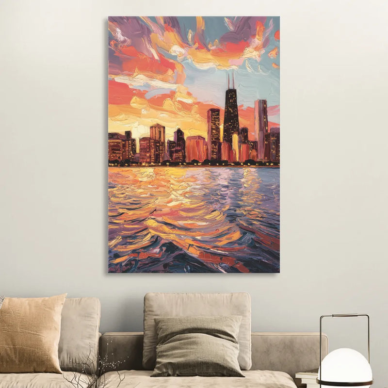 Chicago Sunset Over the Lake Sitting Room - Canvas Wall Art