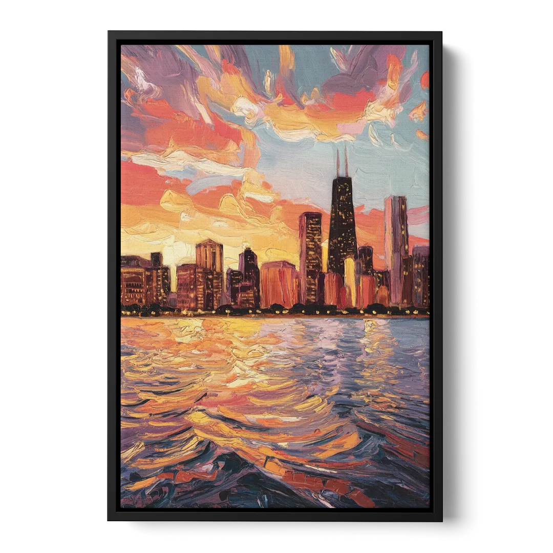 Chicago Sunset Over the Lake Front - Black Canvas Wall Art