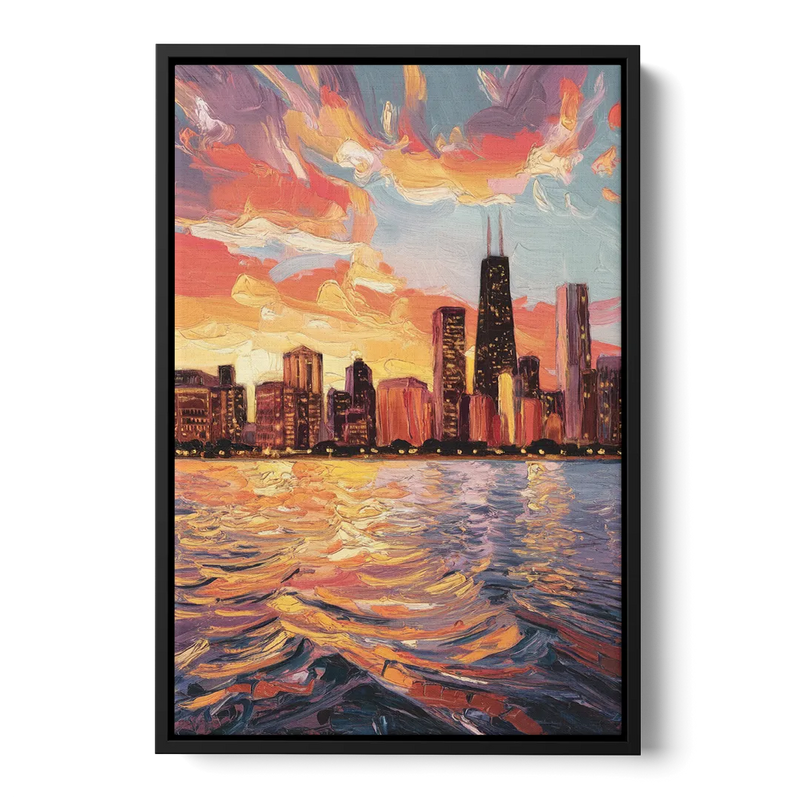 Chicago Sunset Over the Lake Front - Black Canvas Wall Art