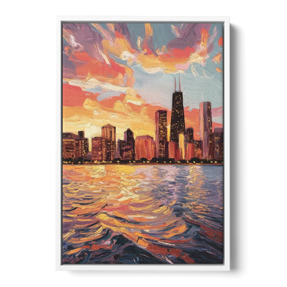 Chicago Sunset Over the Lake Front - White Canvas Wall Art