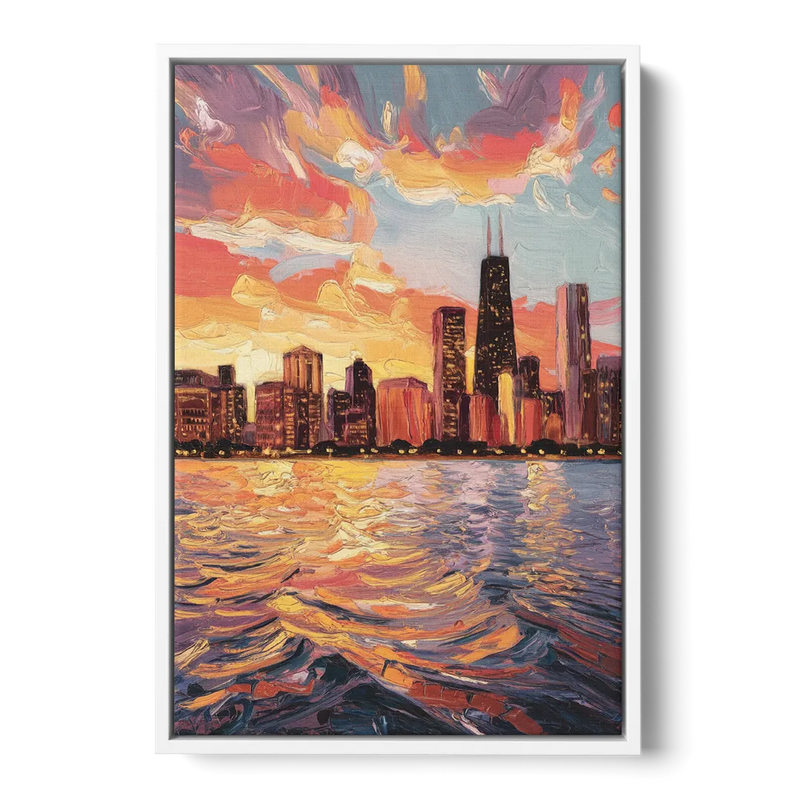 Chicago Sunset Over the Lake Front - White Canvas Wall Art