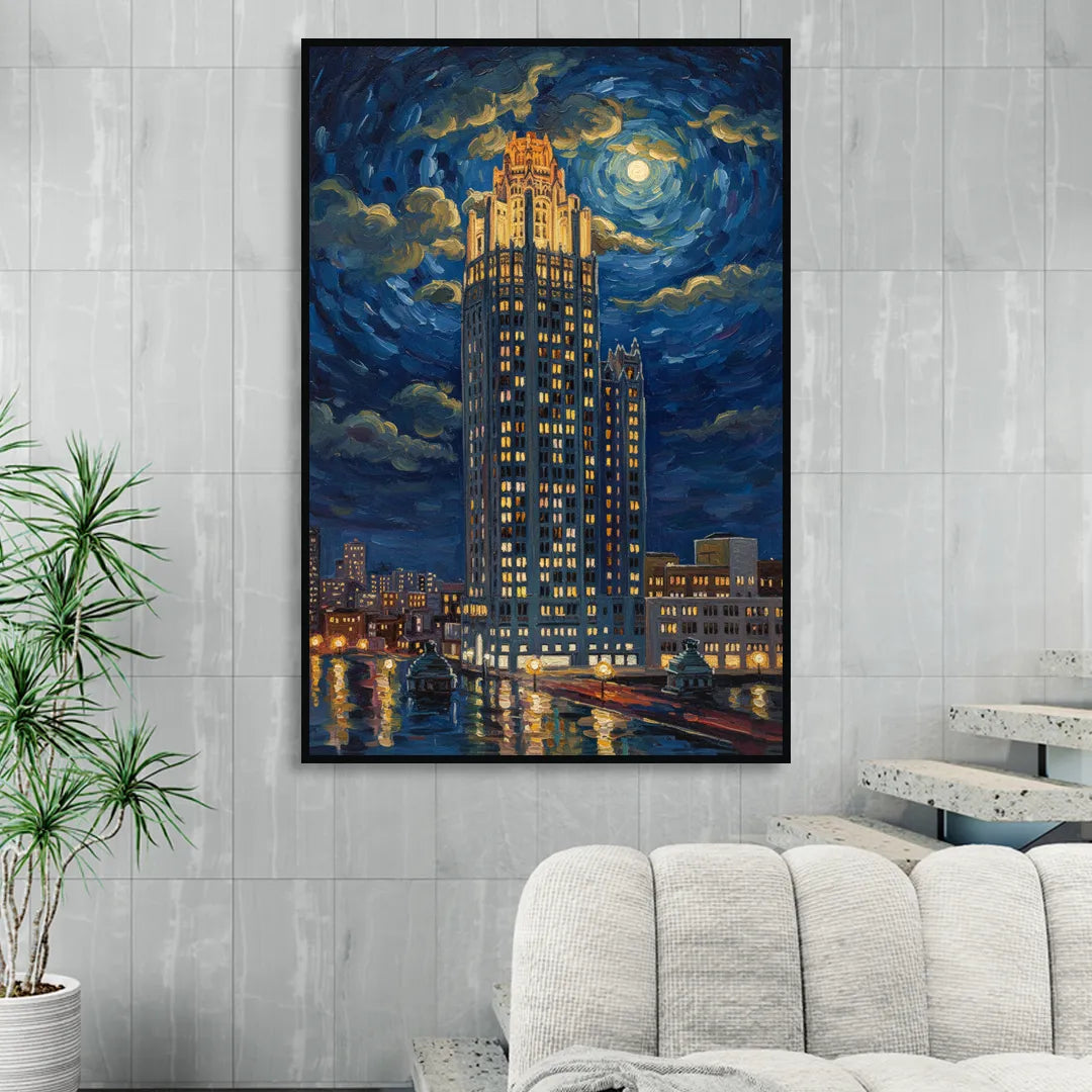 Chicago Tribune Tower Gothic Majesty Living Room - Black Canvas Wall Art