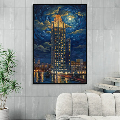 Chicago Tribune Tower Gothic Majesty Living Room - Black Canvas Wall Art