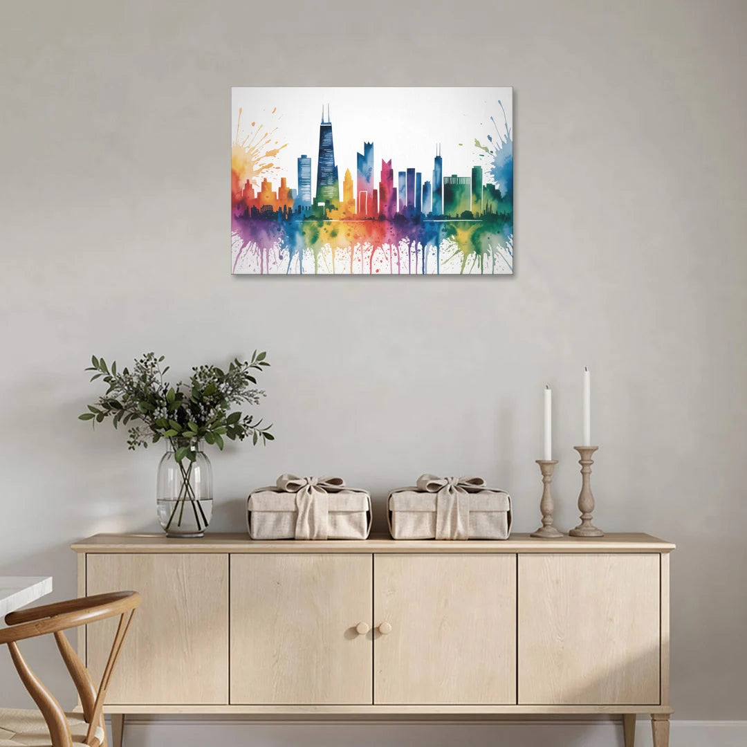 Chicago Watercolor Skyline Splash - Canvas Wall Art - Coffee Table - 36x24