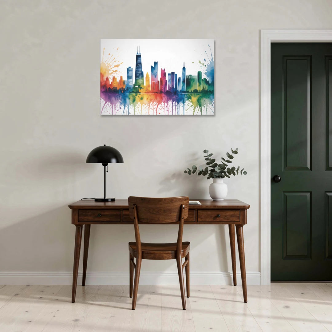 Chicago Watercolor Skyline Splash - Canvas Wall Art - Office - 36x24