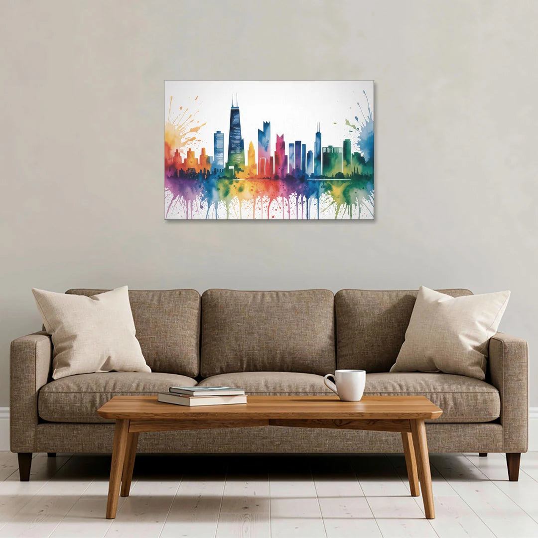 Chicago Watercolor Skyline Splash - Canvas Wall Art - Sofa - 36x24