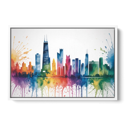 Chicago Watercolor Skyline Splash - White Framed Canvas Wall Art - Front