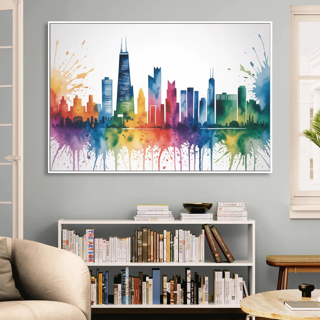 Chicago Watercolor Skyline Splash Living Room - White Canvas Wall Art
