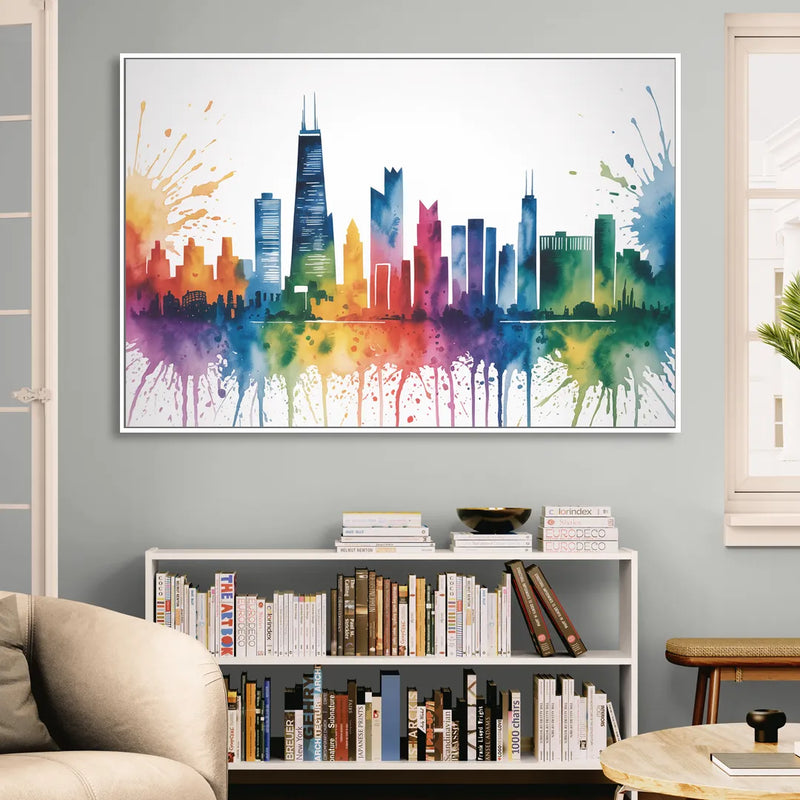 Chicago Watercolor Skyline Splash Living Room - White Canvas Wall Art
